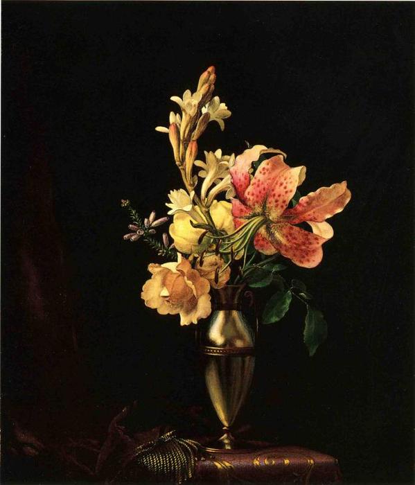 Wikioo.org - The Encyclopedia of Fine Arts - Painting, Artwork by Martin Johnson Heade - Still Life with Flowers in a Silver Vase