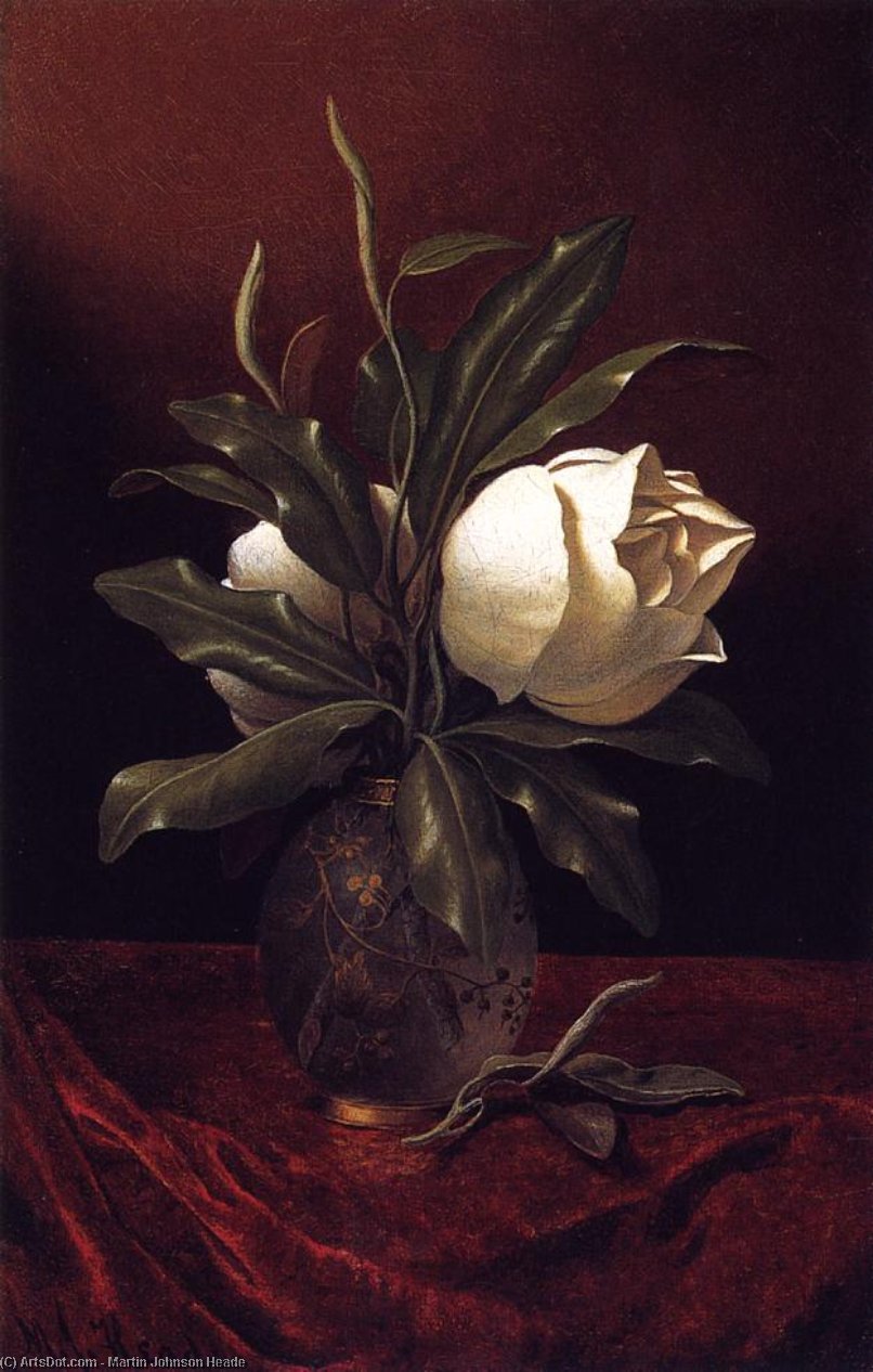 Wikioo.org – La Enciclopedia de las Bellas Artes - Pintura, Obras de arte de Martin Johnson Heade - Dos flores de magnolia en un florero de cristal