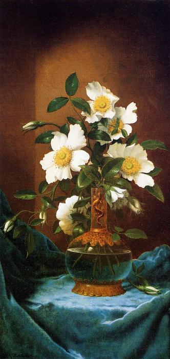 WikiOO.org – 美術百科全書 - 繪畫，作品 Martin Johnson Heade - 白色切诺基玫瑰在花瓶蝾螈