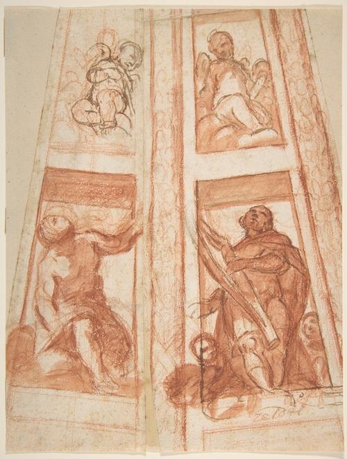 WikiOO.org - Enciklopedija dailės - Tapyba, meno kuriniai Mattia Preti - Design for the Decoration of a Cupola with a Prophet, King David and Two Putti