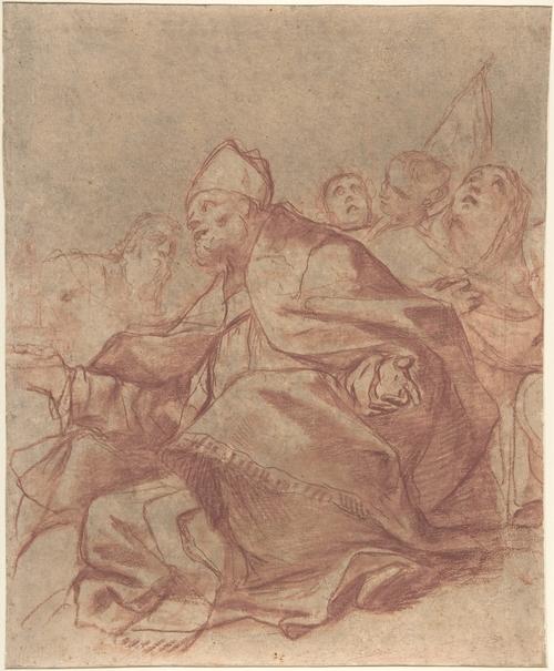 Wikioo.org - The Encyclopedia of Fine Arts - Painting, Artwork by Mattia Preti - Seated Bishop with Arms Extended and Three Attendant Figures