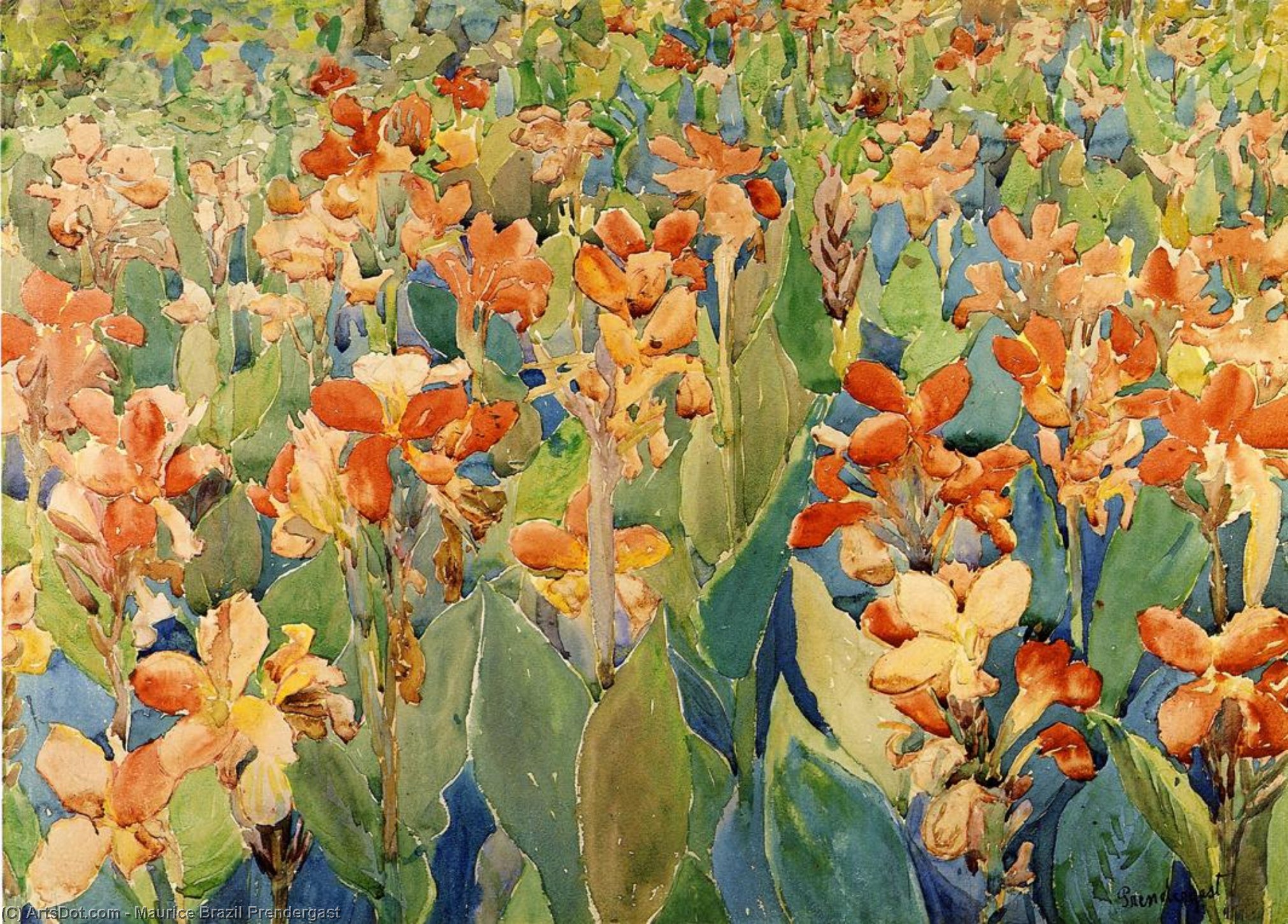 Wikioo.org - The Encyclopedia of Fine Arts - Painting, Artwork by Maurice Brazil Prendergast - Bed of Flowers (aka Cannas or The Garden)