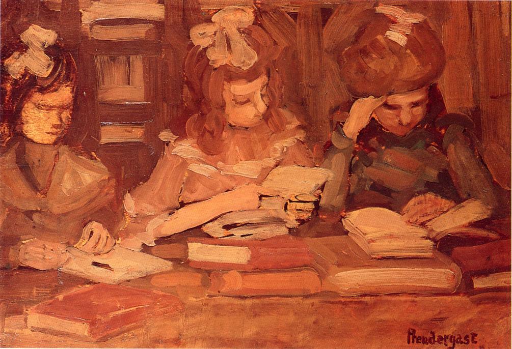 Wikoo.org - موسوعة الفنون الجميلة - اللوحة، العمل الفني Maurice Brazil Prendergast - In the Library (aka Three School Girls)