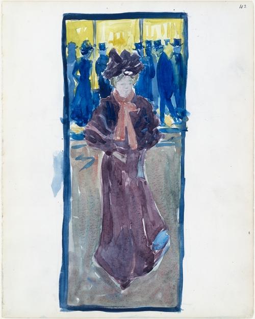 WikiOO.org - Enciklopedija dailės - Tapyba, meno kuriniai Maurice Brazil Prendergast - Night scene with a woman walking and men in top hats in the background