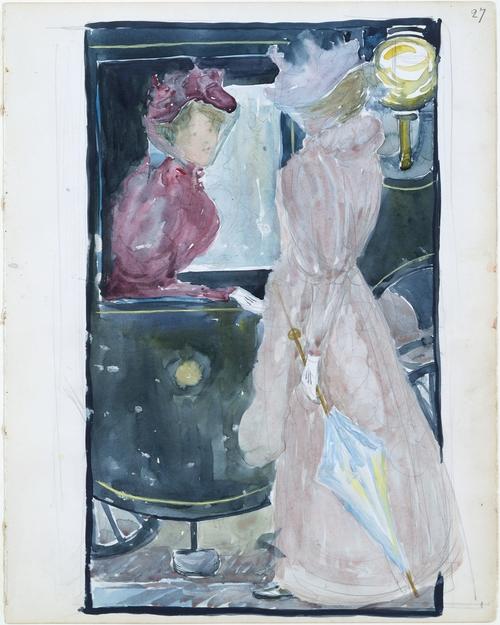 Wikioo.org - สารานุกรมวิจิตรศิลป์ - จิตรกรรม Maurice Brazil Prendergast - Two women stopping to converse with an acquaintance riding in a carriage
