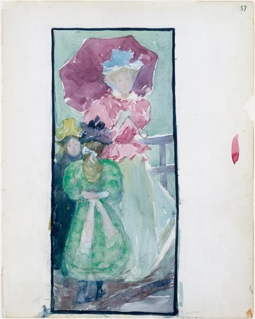 Wikioo.org - The Encyclopedia of Fine Arts - Painting, Artwork by Maurice Brazil Prendergast - Two young girls and a woman with a parasol