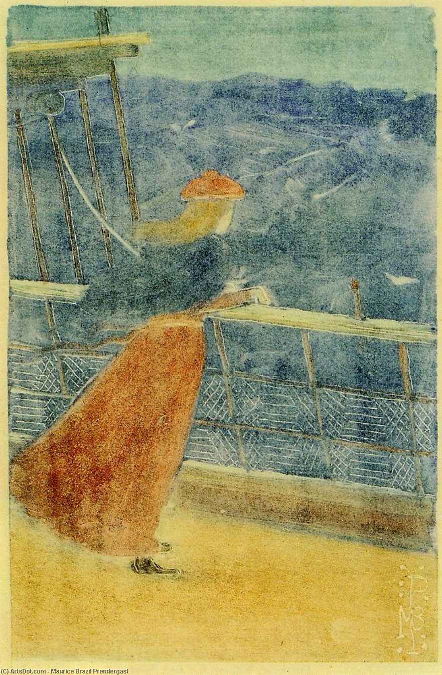Wikioo.org - The Encyclopedia of Fine Arts - Painting, Artwork by Maurice Brazil Prendergast - Woman on Ship Deck, Looking out to Sea (aka Girl at Ship's Rail)