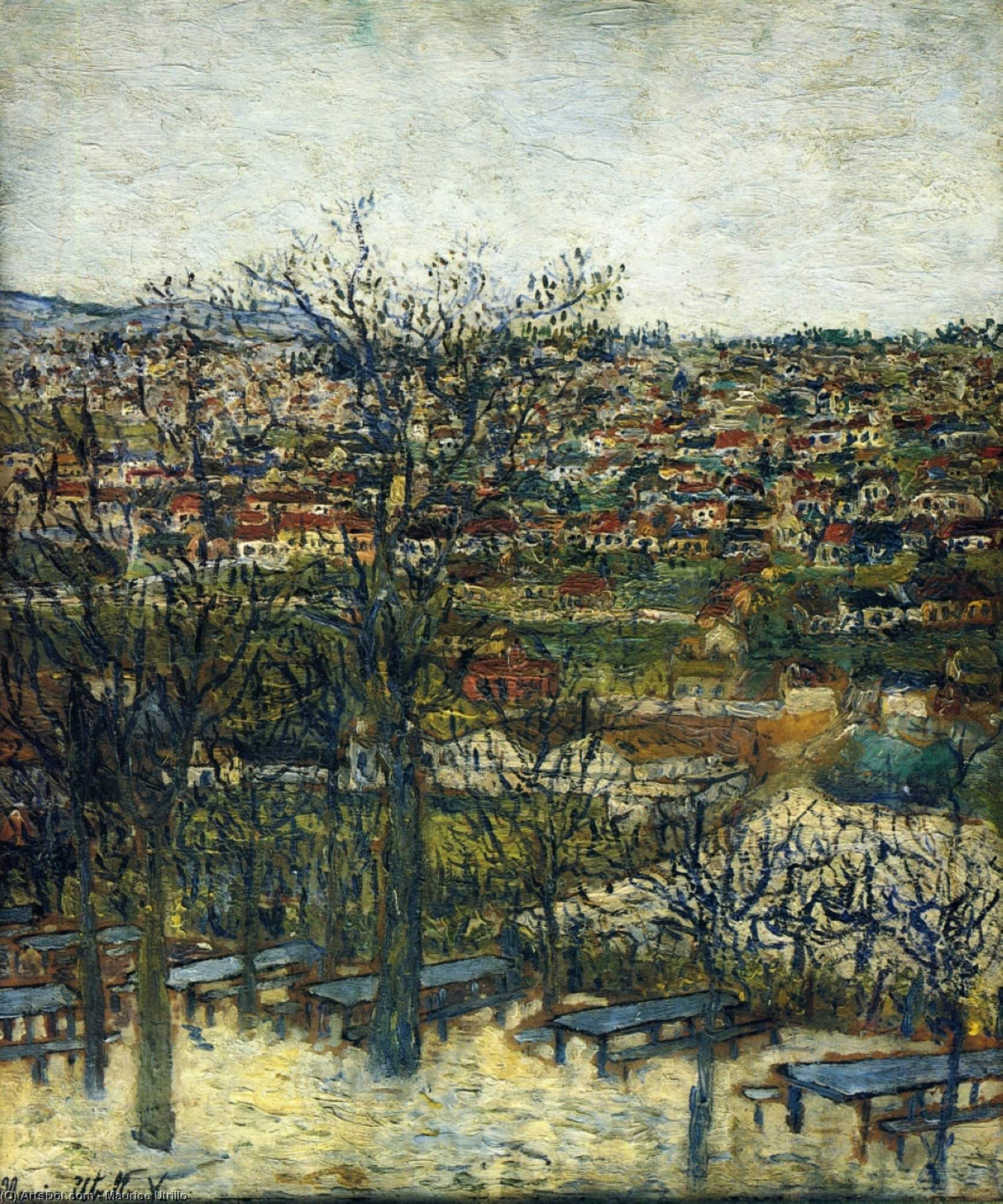 Wikioo.org - The Encyclopedia of Fine Arts - Painting, Artwork by Maurice Utrillo - Benches at Montmagny (Val-d'Oise)