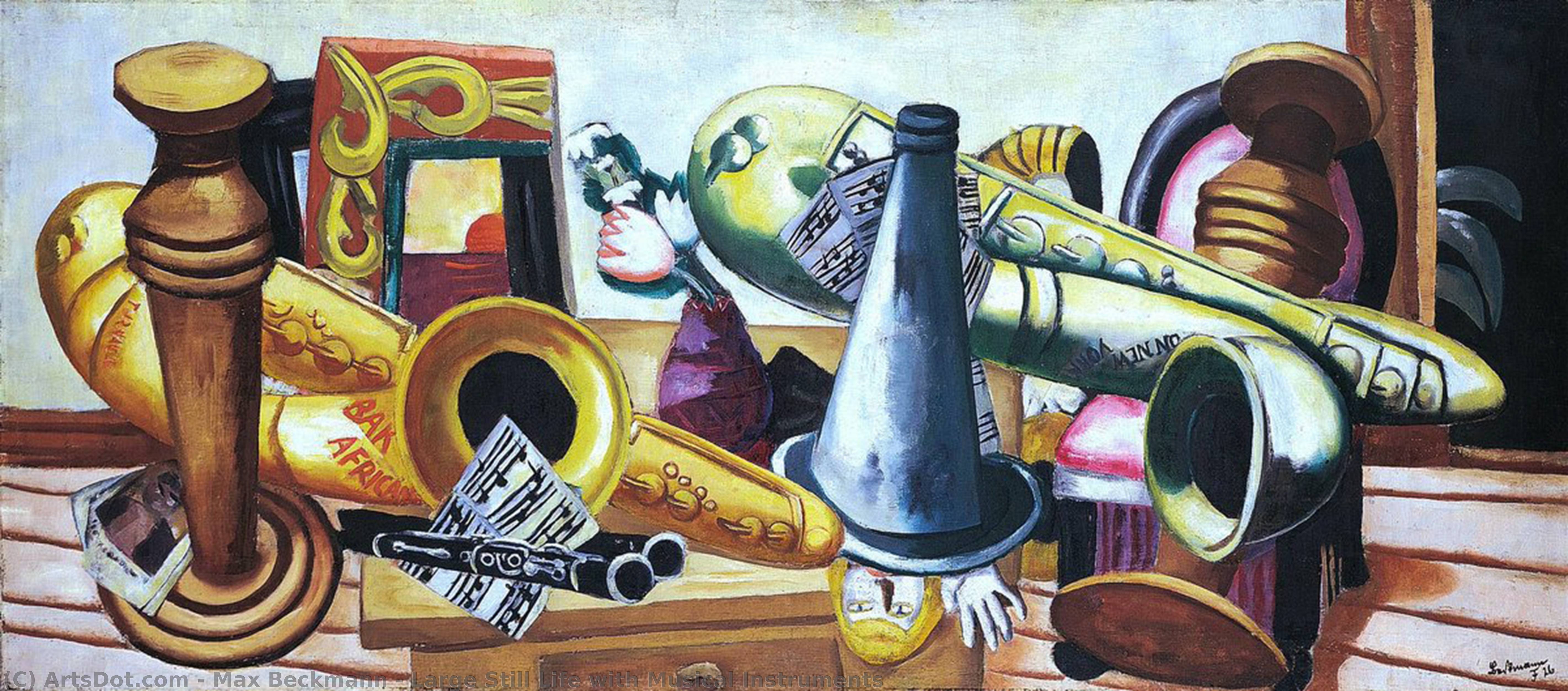 Wikioo.org - The Encyclopedia of Fine Arts - Painting, Artwork by Max Beckmann - Large Still Life with Musical Instruments