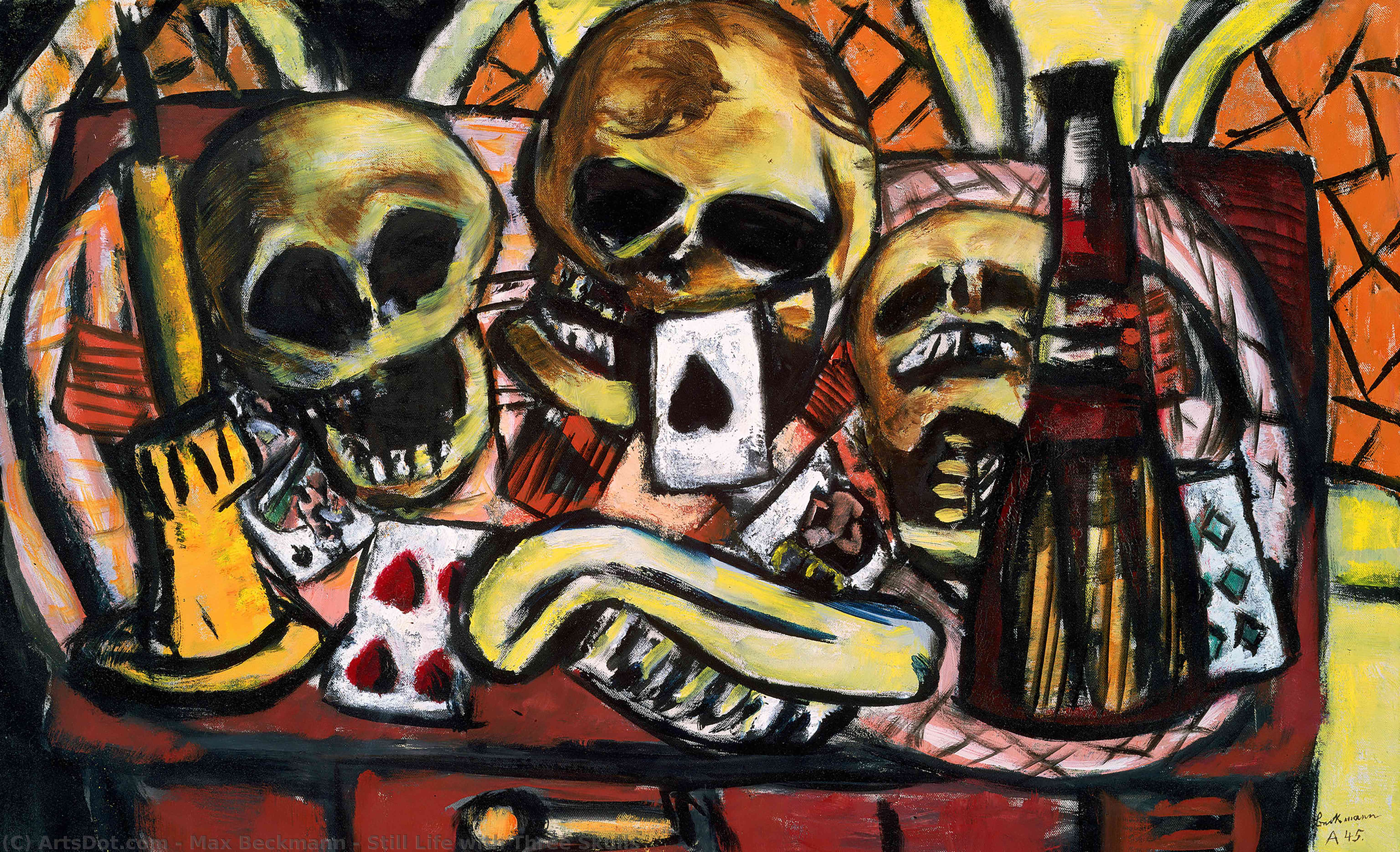 Wikioo.org - The Encyclopedia of Fine Arts - Painting, Artwork by Max Beckmann - Still Life with Three Skulls