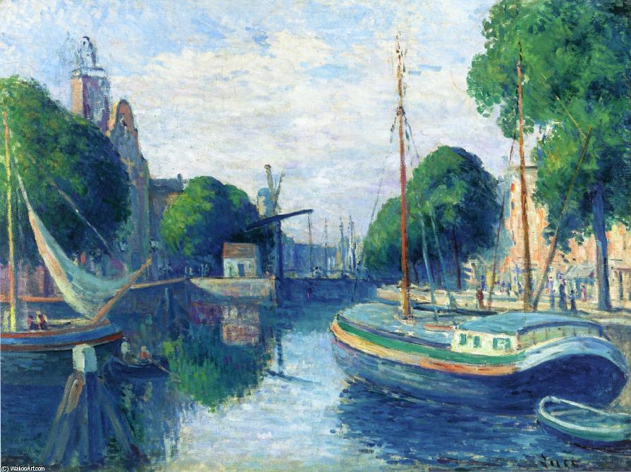 Wikoo.org - موسوعة الفنون الجميلة - اللوحة، العمل الفني Maximilien Luce - Barges on a Canal at Rotterdam