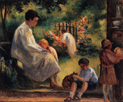 WikiOO.org - Encyclopedia of Fine Arts - Lukisan, Artwork Maximilien Luce - Rolleboise, woman and child in the garden