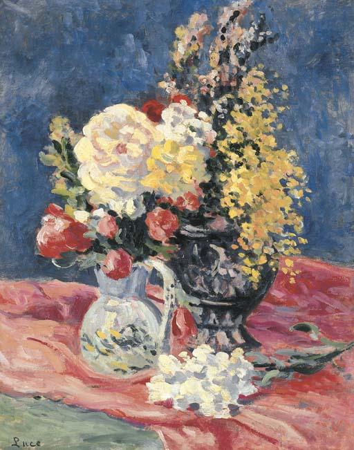 Wikioo.org - The Encyclopedia of Fine Arts - Painting, Artwork by Maximilien Luce - Still life with two vases of flowers