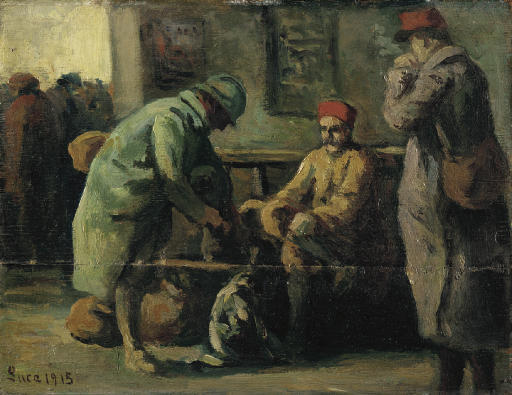 Wikioo.org - The Encyclopedia of Fine Arts - Painting, Artwork by Maximilien Luce - The three soldiers at the station