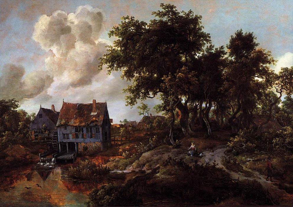 WikiOO.org - Encyclopedia of Fine Arts - Maleri, Artwork Meindert Hobbema - A Watermill beside a Woody Lane