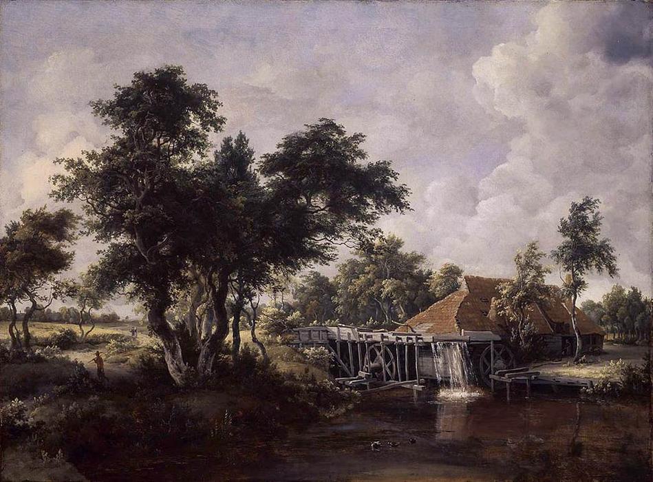 Wikioo.org - The Encyclopedia of Fine Arts - Painting, Artwork by Meindert Hobbema - Wooded Landscape with Water Mill