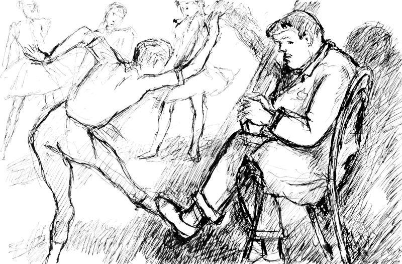 WikiOO.org - אנציקלופדיה לאמנויות יפות - ציור, יצירות אמנות Mikhail Fiodorovich Larionov - Diaghilev attending a ballet repetition