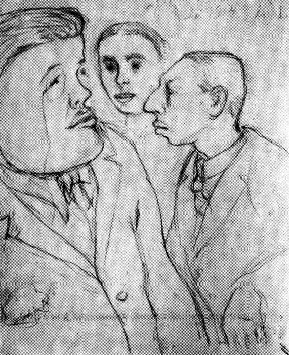 Wikioo.org - สารานุกรมวิจิตรศิลป์ - จิตรกรรม Mikhail Fiodorovich Larionov - Diaghilev, Gontcharova and Stravinsky