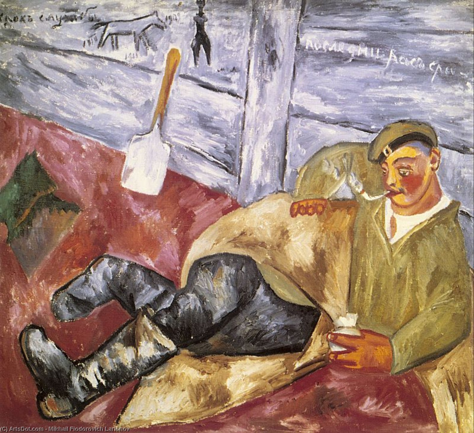 Wikioo.org - The Encyclopedia of Fine Arts - Painting, Artwork by Mikhail Fiodorovich Larionov - Soldier at Rest