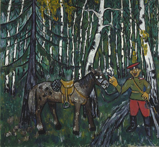 Wikioo.org - The Encyclopedia of Fine Arts - Painting, Artwork by Mikhail Fiodorovich Larionov - Soldier in a Wood