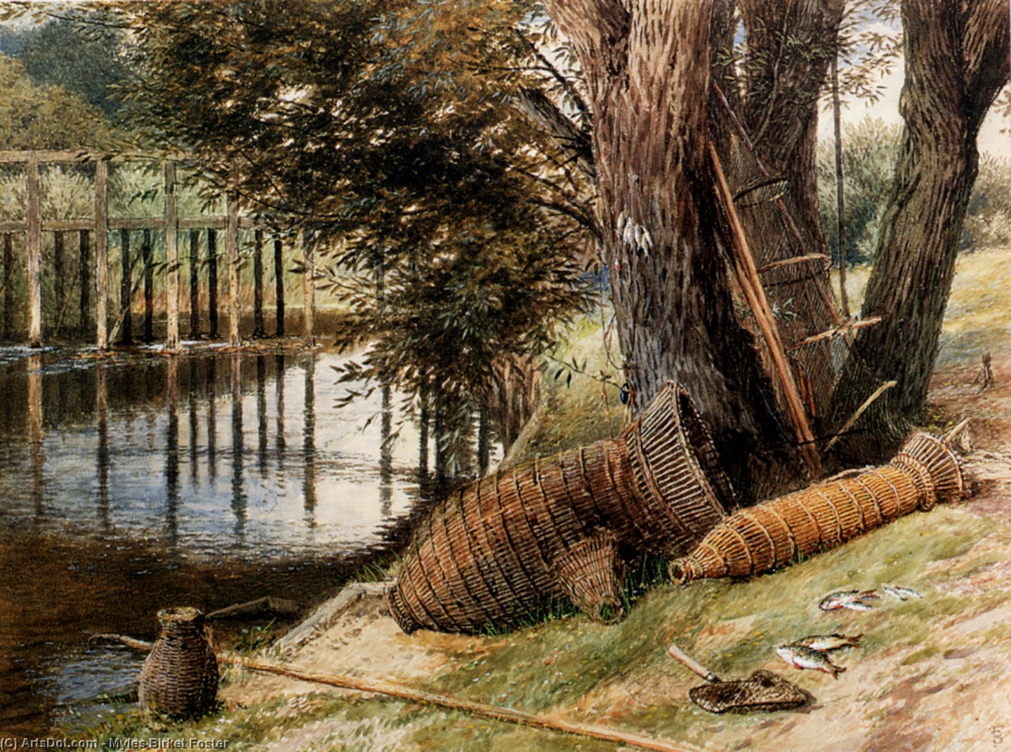 Wikioo.org - สารานุกรมวิจิตรศิลป์ - จิตรกรรม Myles Birket Foster - Eel Pots, On The Banks Of A River