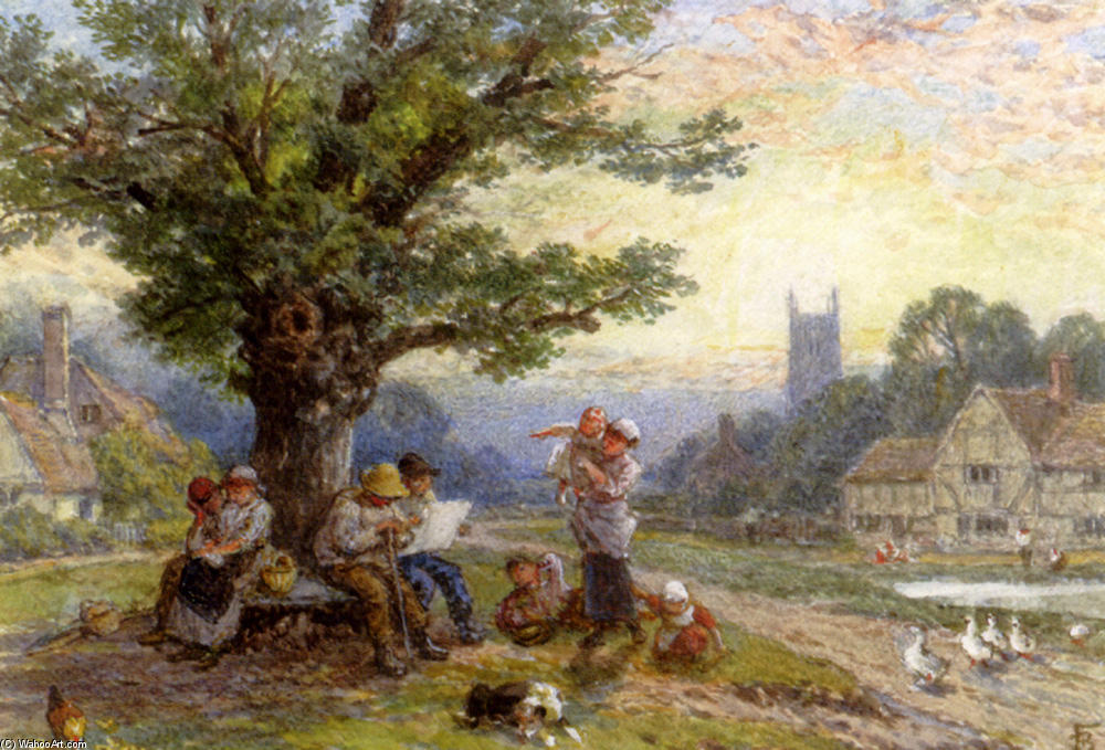 Wikioo.org - The Encyclopedia of Fine Arts - Painting, Artwork by Myles Birket Foster - Figures And Children Beneath A Tree In A Village