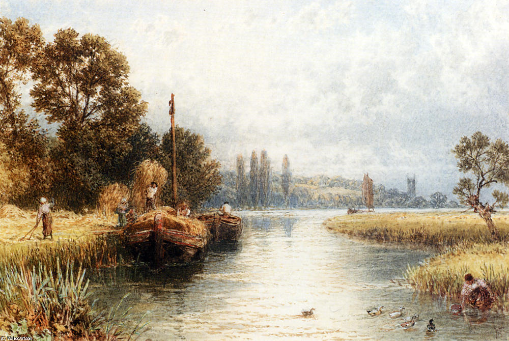 Wikioo.org - The Encyclopedia of Fine Arts - Painting, Artwork by Myles Birket Foster - Loading The Hay Barges, With A Young Woman Taking Water From The River In The Foreground