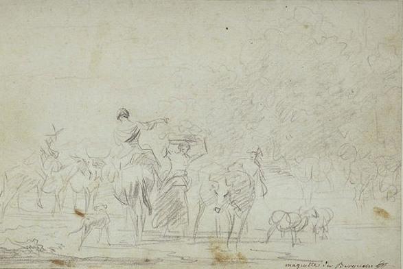 Wikoo.org - موسوعة الفنون الجميلة - اللوحة، العمل الفني Nicolaes Berchem - Characters and animals from a ford