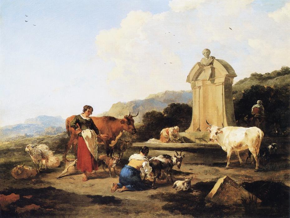 Wikioo.org - The Encyclopedia of Fine Arts - Painting, Artwork by Nicolaes Berchem - Roman Fountain with Cattle and Figures