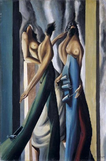WikiOO.org - Encyclopedia of Fine Arts - Maalaus, taideteos Oscar Dominguez - Women with boxes of sardines (two couples)