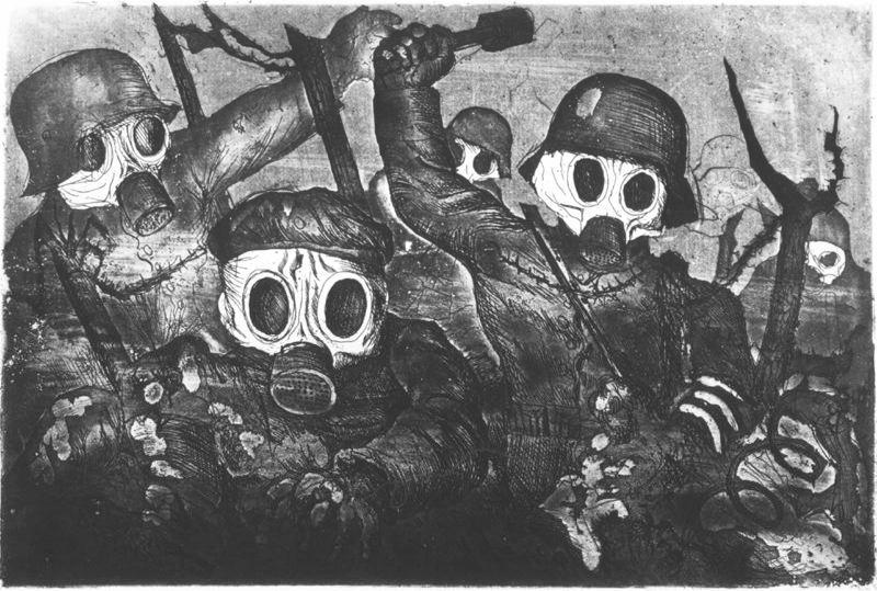 Wikioo.org - The Encyclopedia of Fine Arts - Painting, Artwork by Otto Dix - Stormtroopers go ahead into the gas (Assault under Gas)
