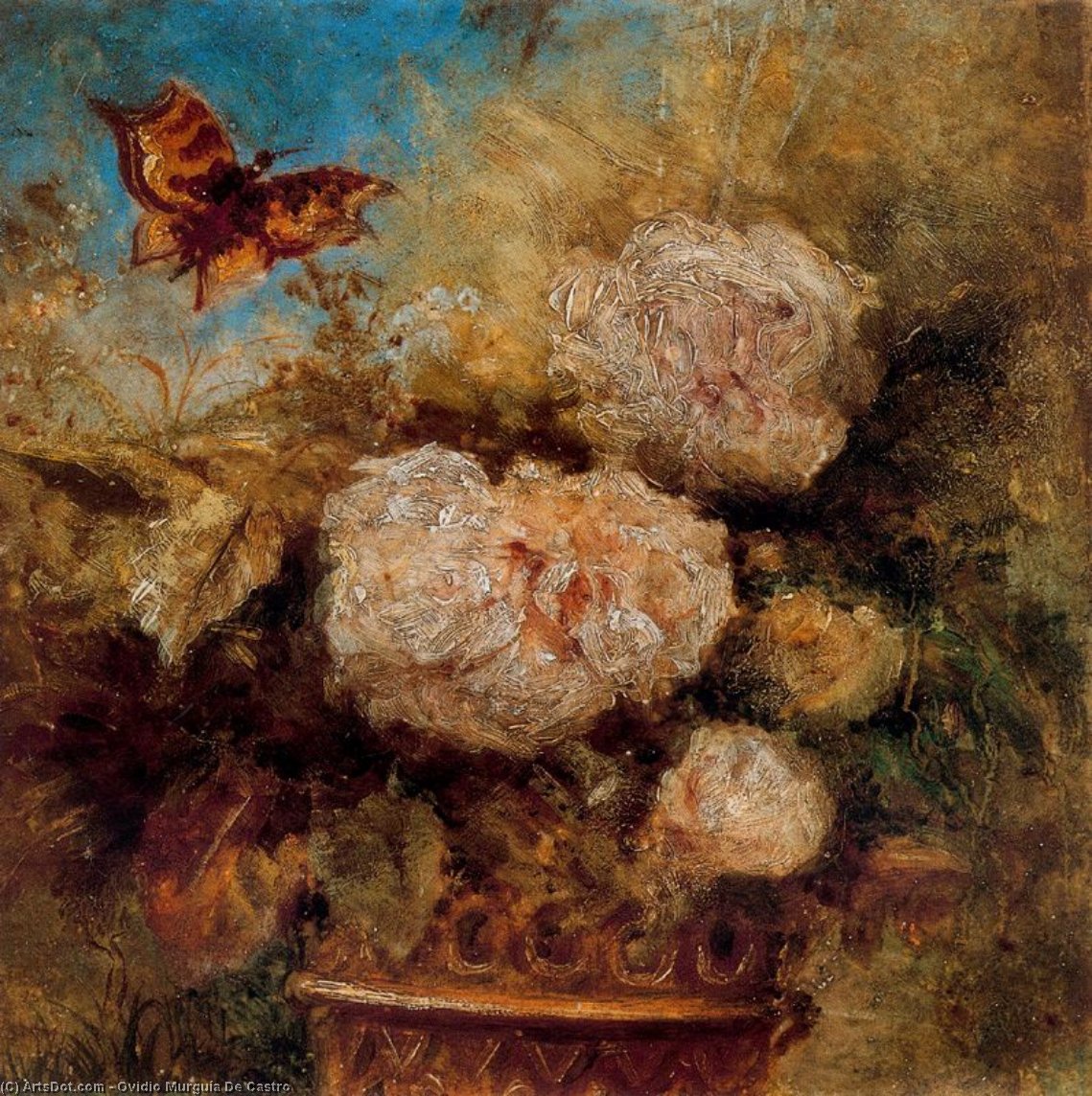 Wikioo.org - The Encyclopedia of Fine Arts - Painting, Artwork by Ovidio Murguía De Castro - Vase of Flowers and Butterfly