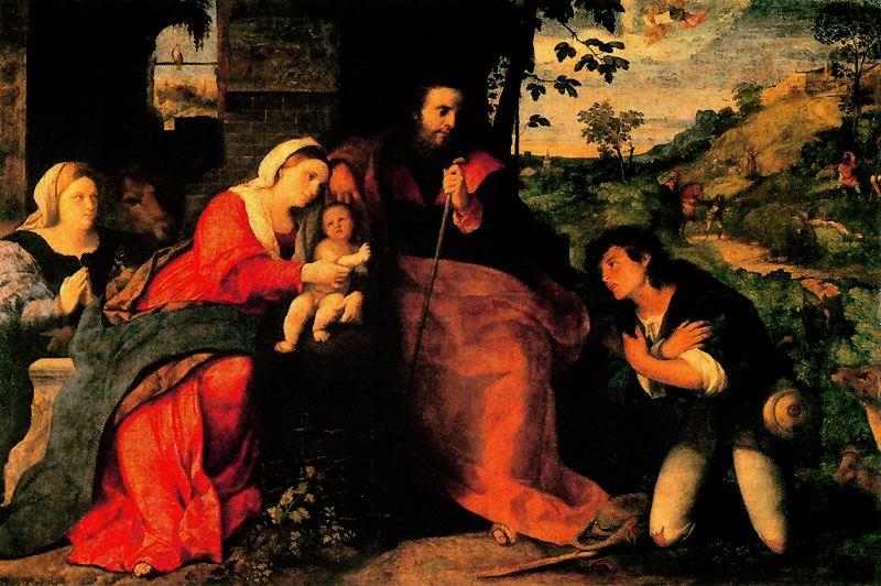 Wikioo.org - The Encyclopedia of Fine Arts - Painting, Artwork by Palma Il Vecchio - The Adoration of the Shepherds with a Donor