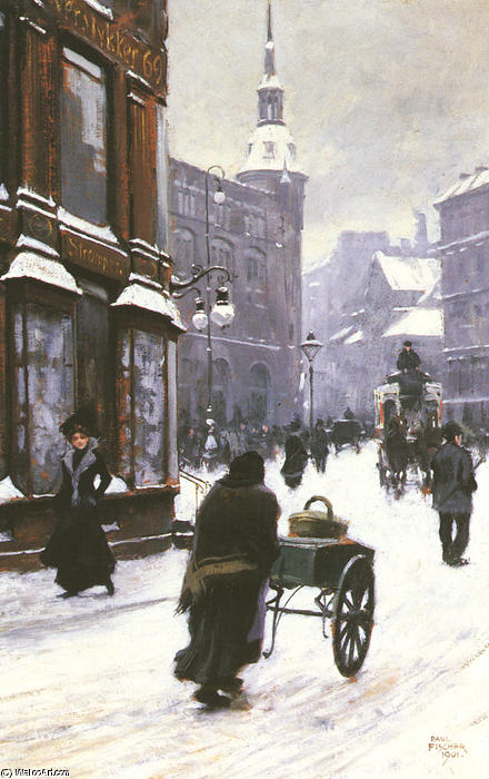 Wikioo.org - The Encyclopedia of Fine Arts - Painting, Artwork by Paul Gustave Fischer - A Street Scene In Winter, Copenhagen