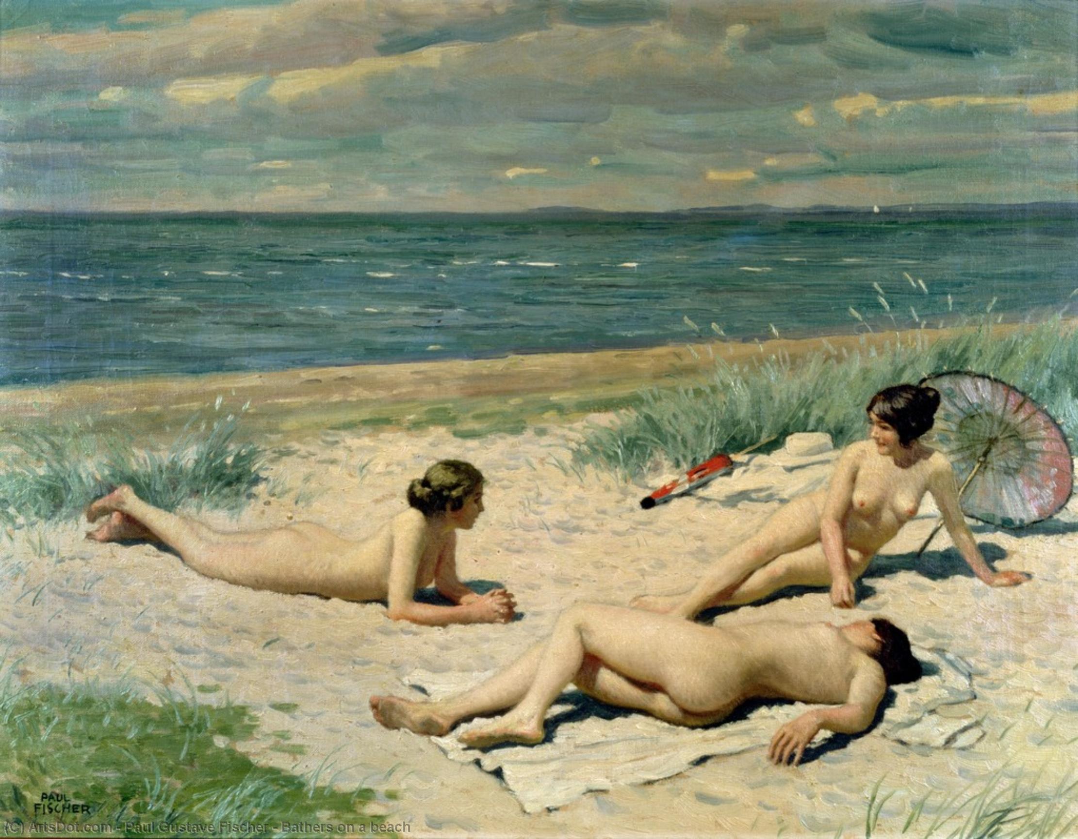 Wikioo.org - สารานุกรมวิจิตรศิลป์ - จิตรกรรม Paul Gustave Fischer - Bathers on a beach