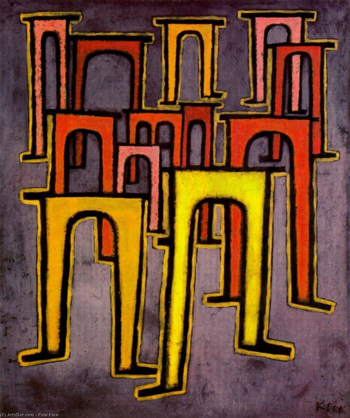 Wikoo.org - موسوعة الفنون الجميلة - اللوحة، العمل الفني Paul Klee - Description of a scene. Revolution of the Viaduct