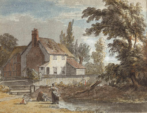 Wikioo.org - The Encyclopedia of Fine Arts - Painting, Artwork by Paul Sandby - A cottage by a river with figures in the foreground