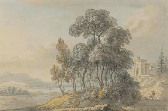 Wikioo.org - The Encyclopedia of Fine Arts - Painting, Artwork by Paul Sandby - A shepherd driving his flock before a Scottish castle