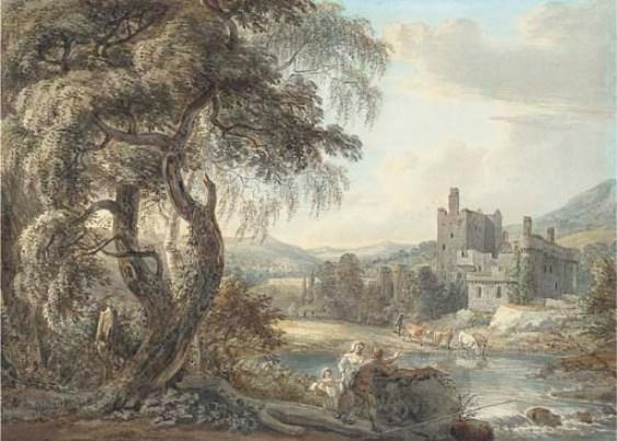 Wikioo.org - The Encyclopedia of Fine Arts - Painting, Artwork by Paul Sandby - A wooded river landscape with figures and cattle, a castle beyond