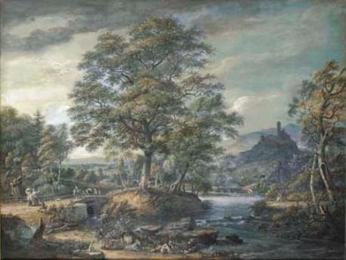 Wikioo.org - The Encyclopedia of Fine Arts - Painting, Artwork by Paul Sandby - An extensive river landscape with travellers
