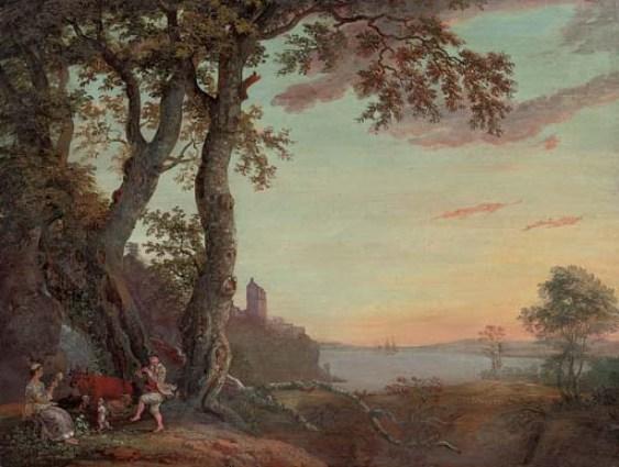 Wikioo.org - The Encyclopedia of Fine Arts - Painting, Artwork by Paul Sandby - An extensive wooded river landscape with an amorous couple making music under a tree