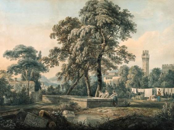 Wikioo.org - The Encyclopedia of Fine Arts - Painting, Artwork by Paul Sandby - An Italianate landscape with women washing clothes