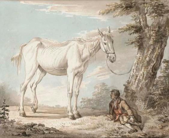 Wikioo.org - The Encyclopedia of Fine Arts - Painting, Artwork by Paul Sandby - An old grey horse tethered to a tree, a boy resting nearby
