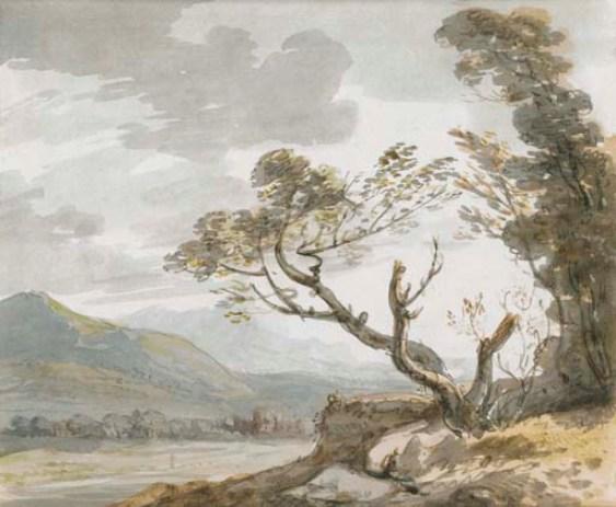 Wikioo.org - The Encyclopedia of Fine Arts - Painting, Artwork by Paul Sandby - View down a valley towards distant buildings, trees in the foreground