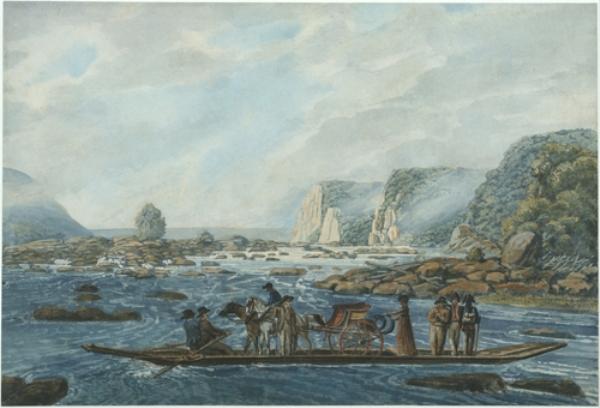 Wikioo.org - The Encyclopedia of Fine Arts - Painting, Artwork by Pavel Petrovich Svinin - A Ferry Scene on the Susquehanna at Wright's Ferry, near Havre de Grace