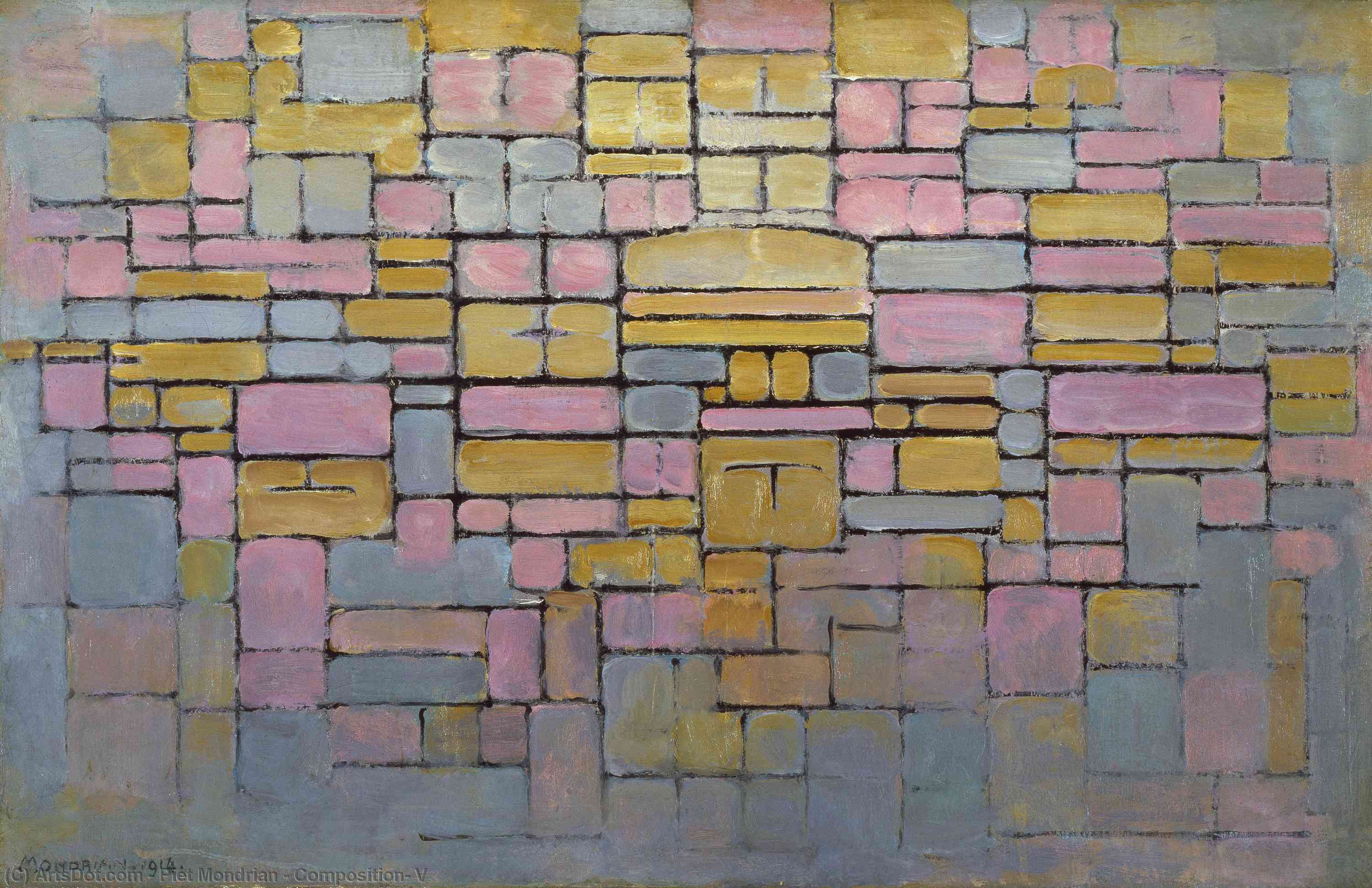 Wikoo.org - موسوعة الفنون الجميلة - اللوحة، العمل الفني Piet Mondrian - Composition, V