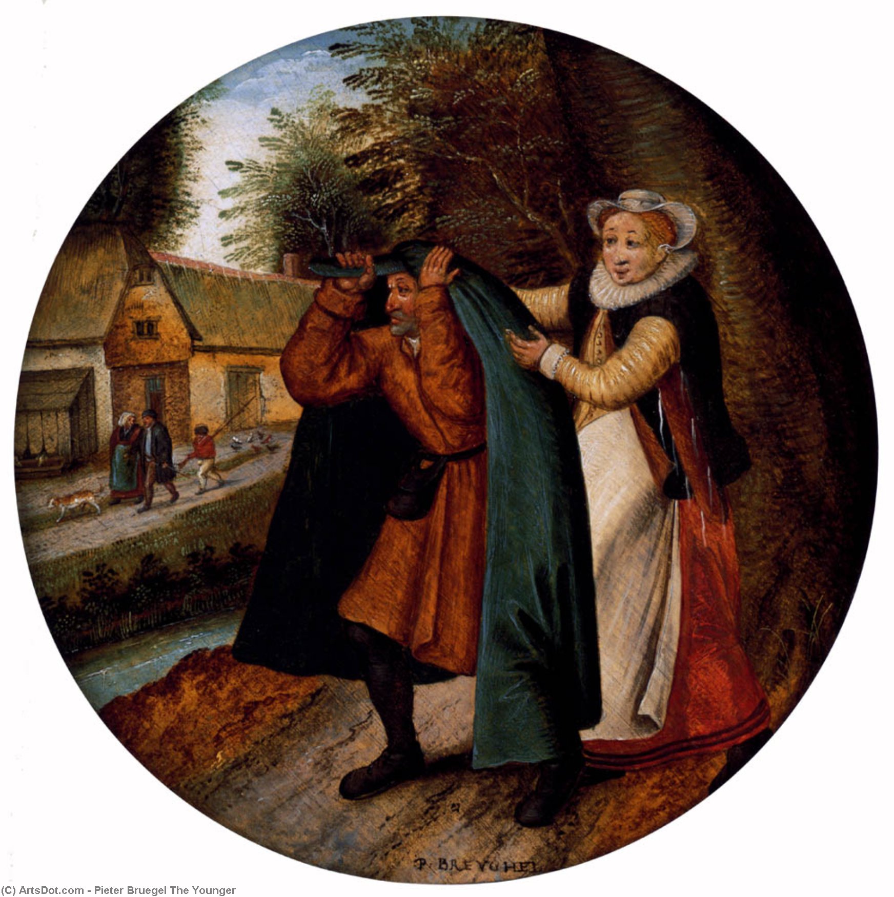 Wikioo.org - The Encyclopedia of Fine Arts - Painting, Artwork by Pieter Bruegel The Younger - A Flemish Proverb. 'A Wife Hiding Her Infidelity From Her Husband Under A Blue Cloak'
