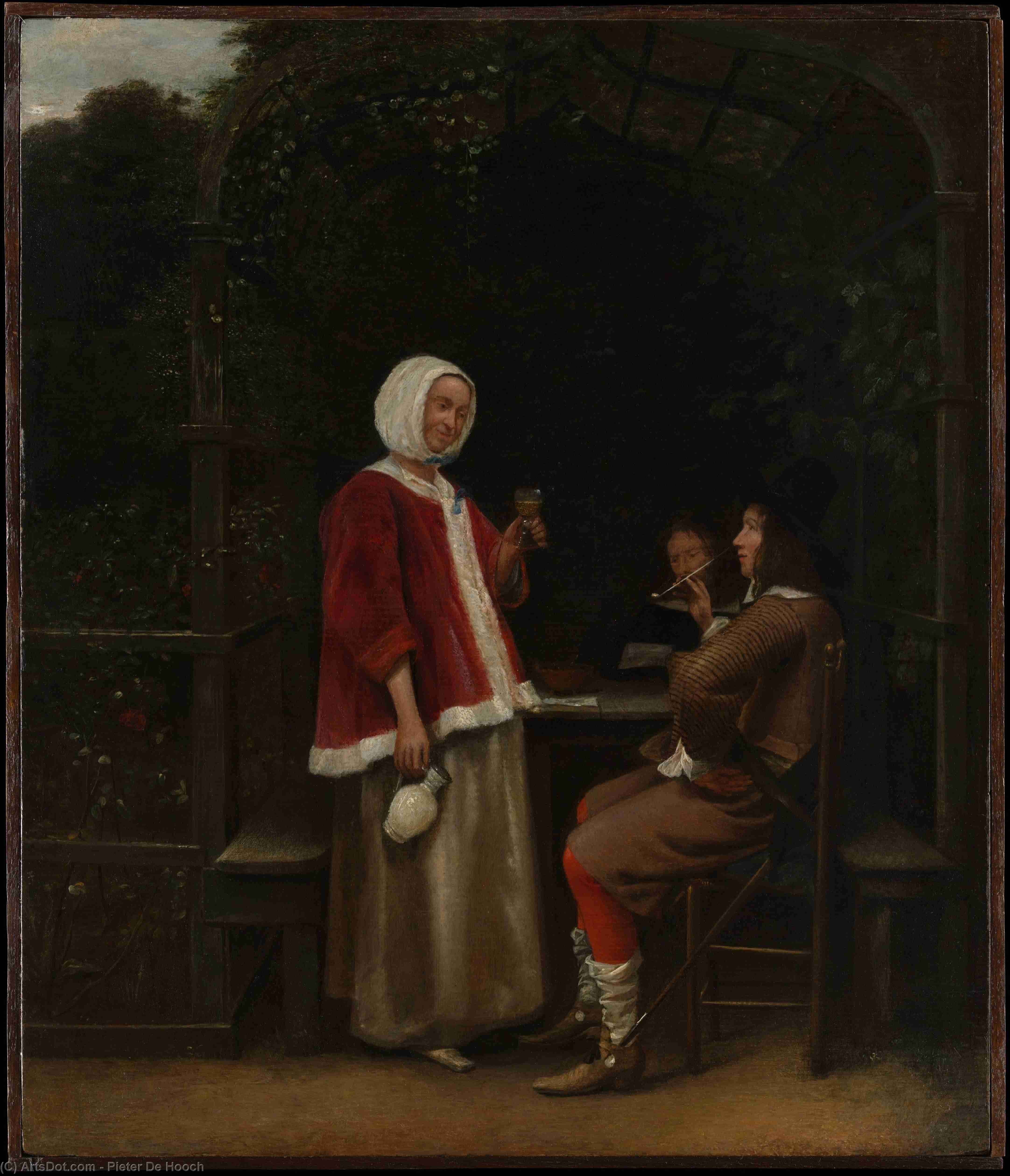 Wikioo.org - The Encyclopedia of Fine Arts - Painting, Artwork by Pieter De Hooch - A Woman and Two Men in an Arbor