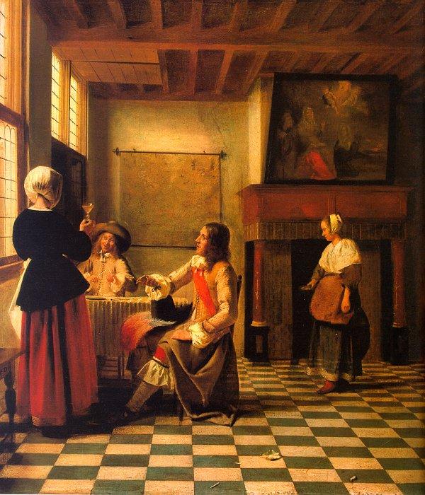 Wikioo.org - The Encyclopedia of Fine Arts - Painting, Artwork by Pieter De Hooch - Woman Drinking with Two Men and a Maidservant