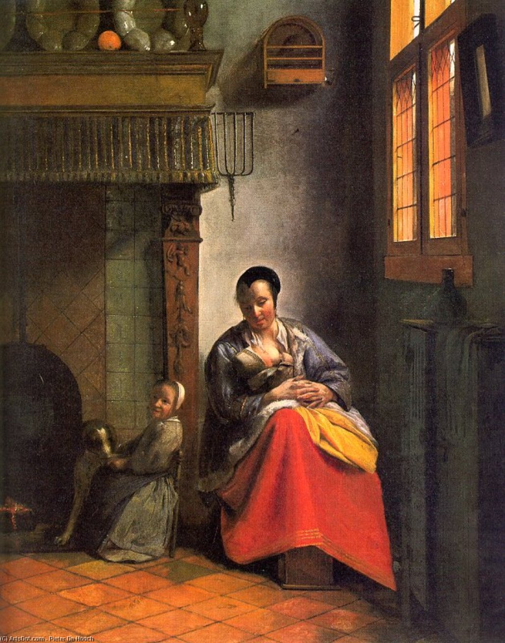 Wikioo.org - The Encyclopedia of Fine Arts - Painting, Artwork by Pieter De Hooch - Woman Nursing an Infant